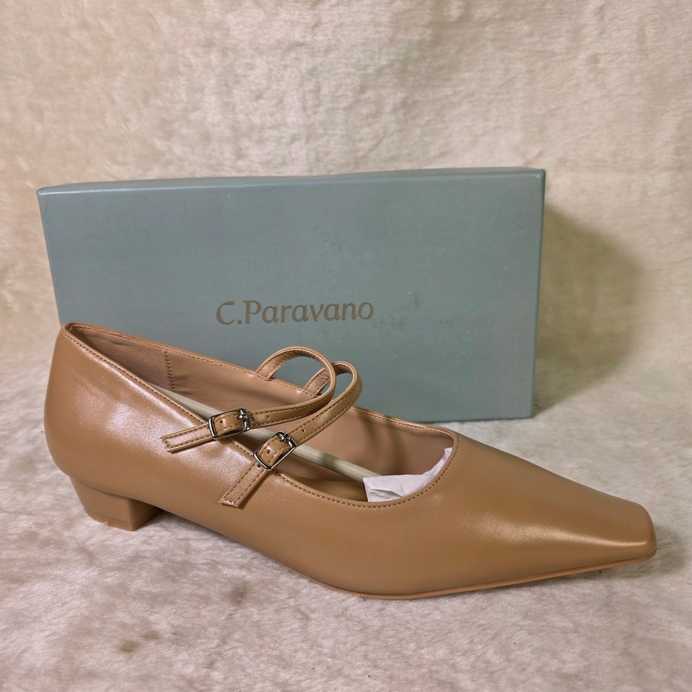 C.Paravano Mary Jane Ballet Toe Pumps Leather Tan Nude Double Strap Women 41 New